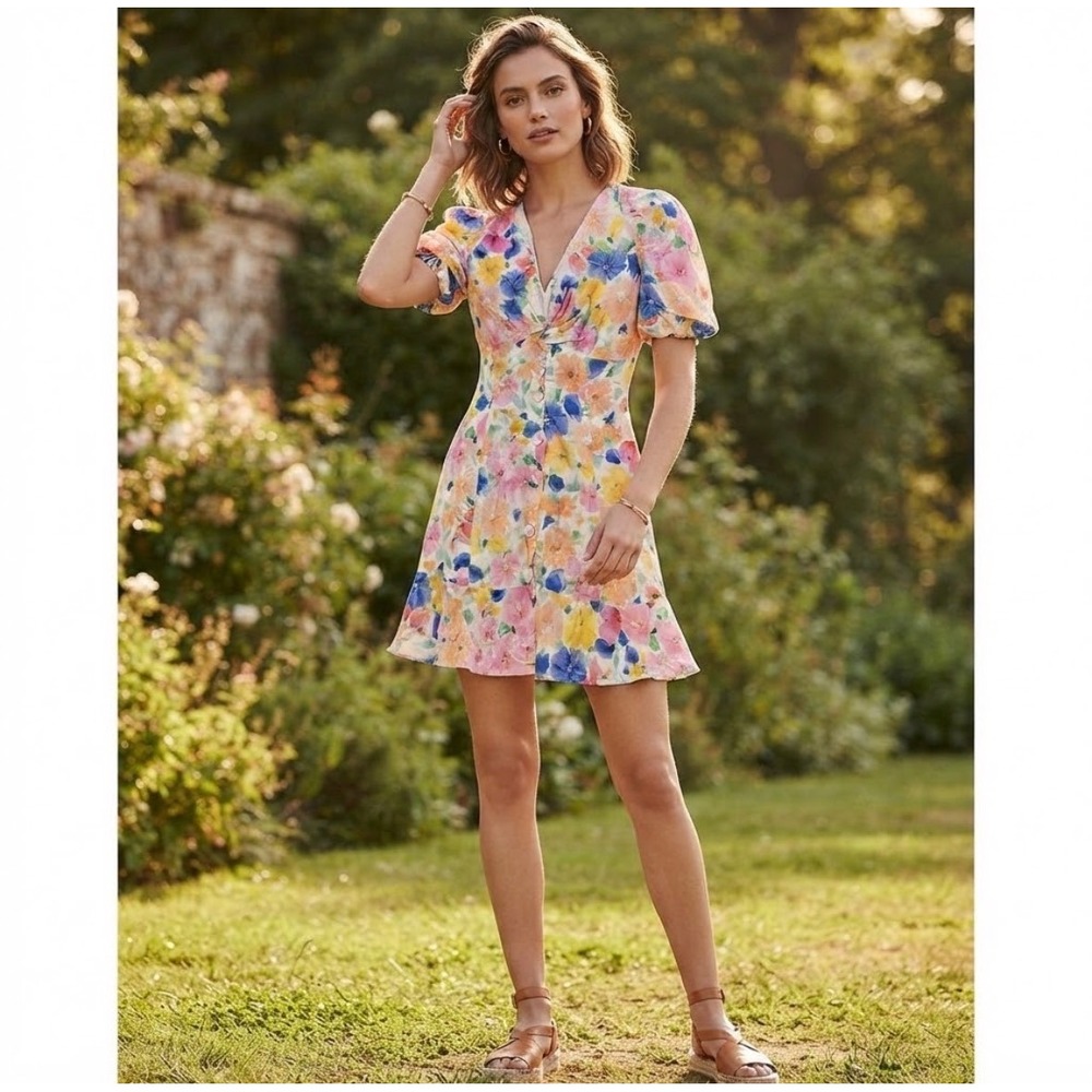 Zara Dress Womens XS Multicolor Floral Short Sleeve V-Neck Button Front Ruffle